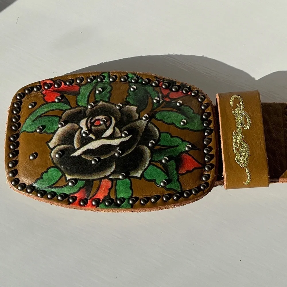 Ed Hardy Leather Belt Yellow Rose Tattoo Buckle Adjustable Size L Vintage Style